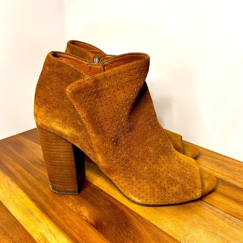 Jessica Simpson perforated suede open toe stacked heel booties